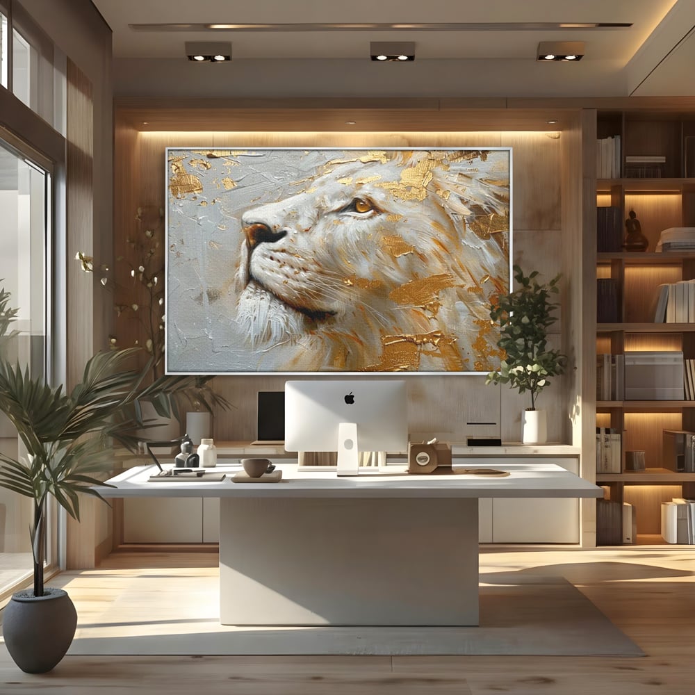 Tablou canvas cu pictura cu profil de leu alb si auriu, in rama de aluminiu argintiu, pe perete intr-un birou